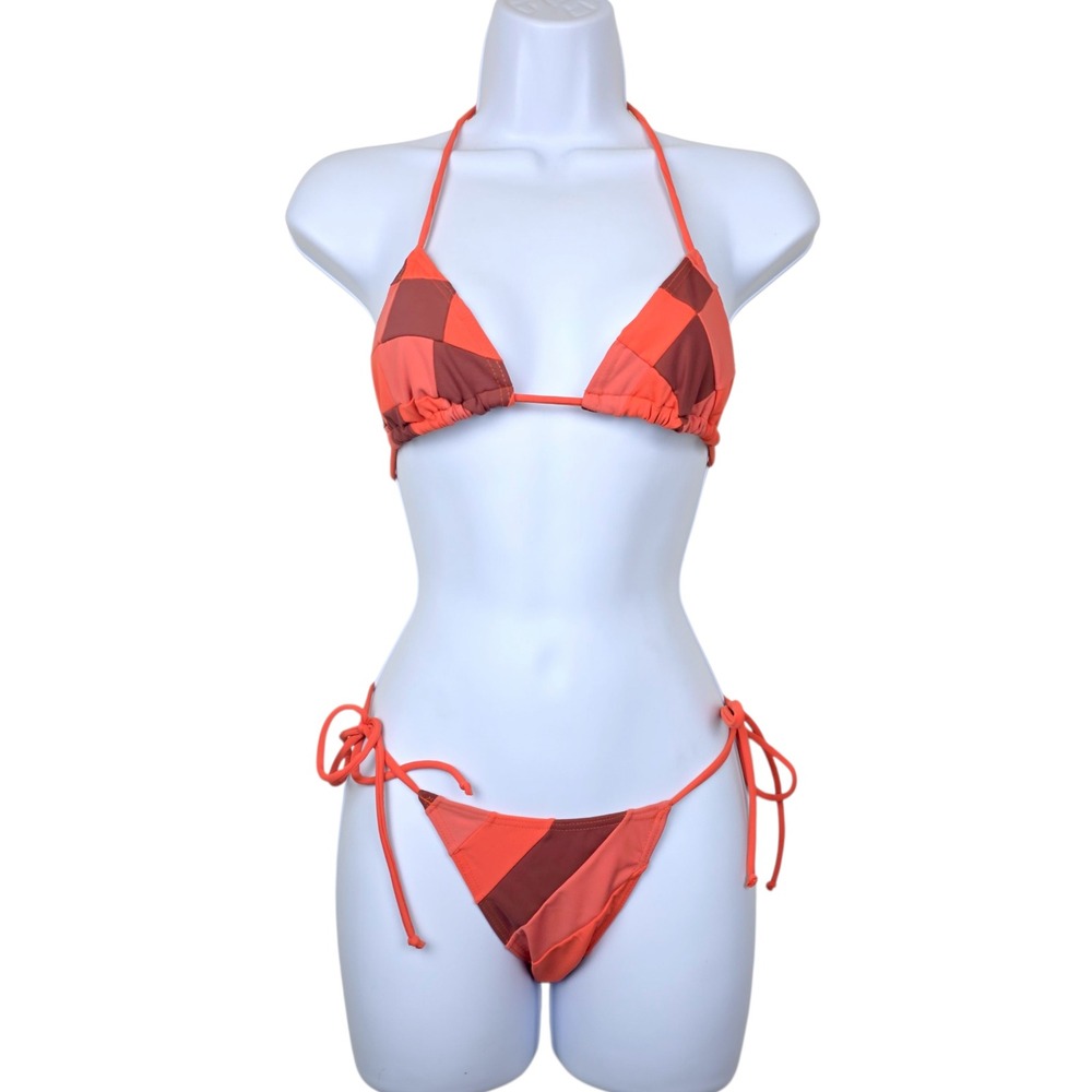 Rosa Cha Womens Orange Patchwork Triangle Side Tie Bikini Swimsuit Set Size M